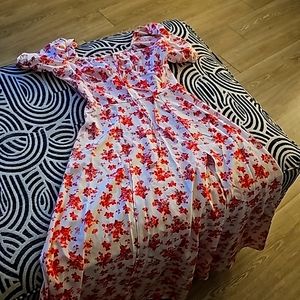 Shein Size XS pink and red floral short sleeve long dress with slits..